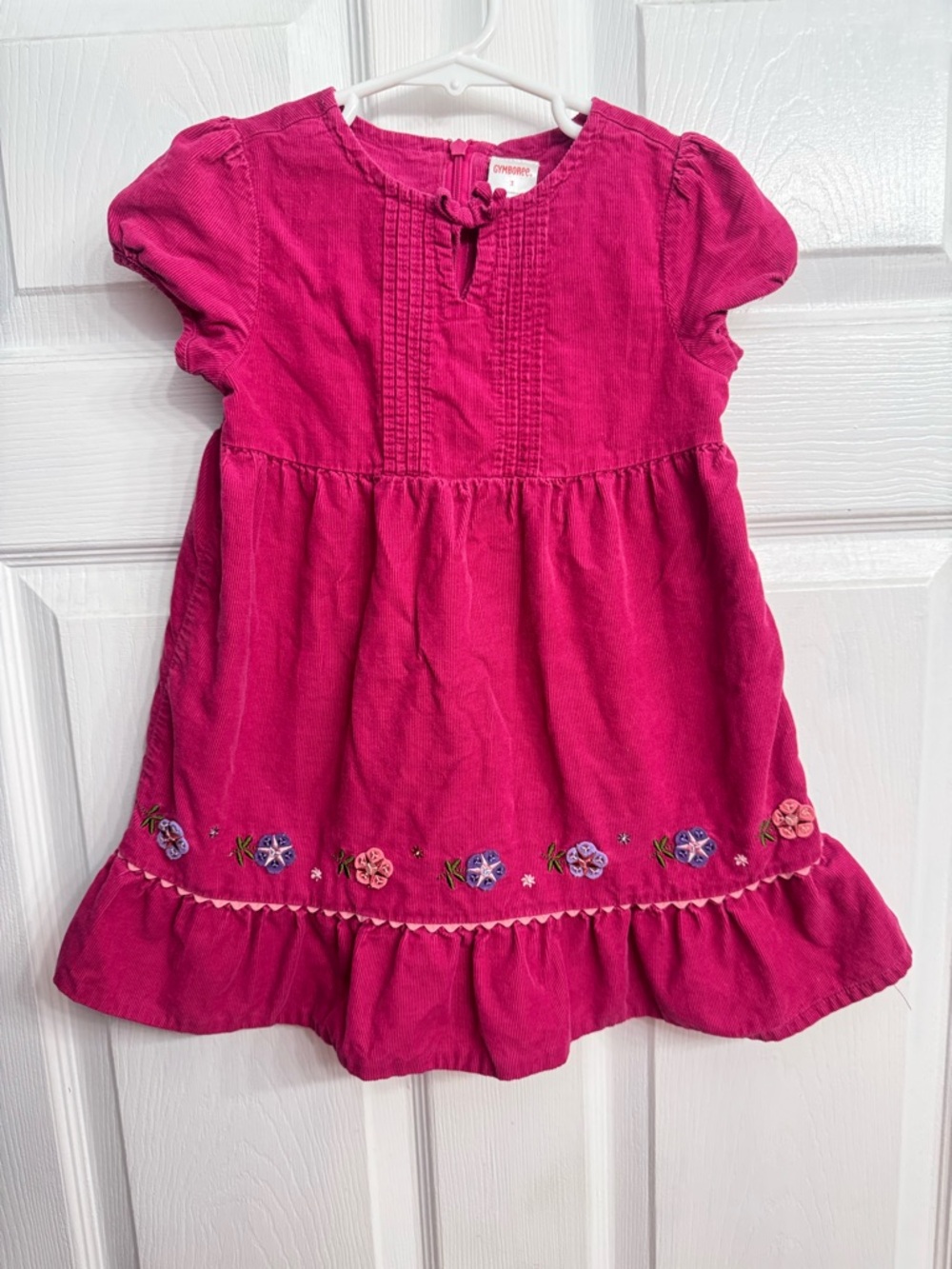 90’s Girls' Fuchsia Embroidered Corduroy, material Casual Dress